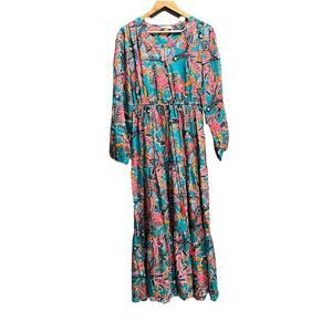 Boemo Multicolor Floral Hippie Peasant Boho Long Sleeve Maxi Womens Dress Size L
